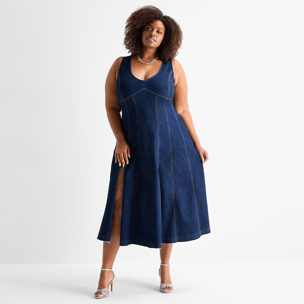 MSRP $90 Ashley Graham Womens 16W Rinse V Neck Sleeveless A-Line Dress